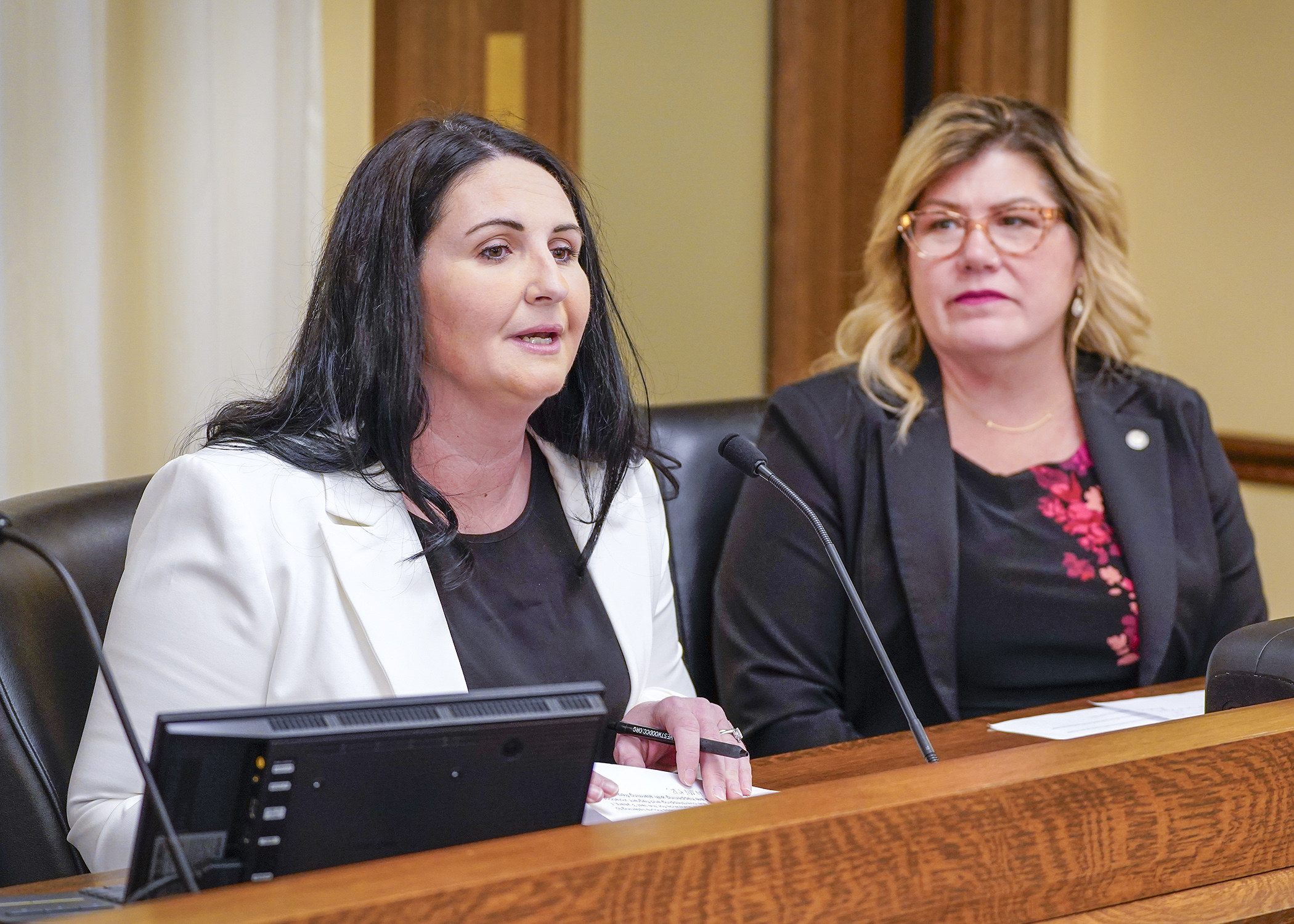 Cristine Trooien, executive director of the Minnesota Parents Alliance, testifies Feb. 12 in the House children and families committee in support of a bill sponsored by Rep. Dawn Gillman, right, to create a Parent's Bill of Rights. (Photo by Andrew VonBank)